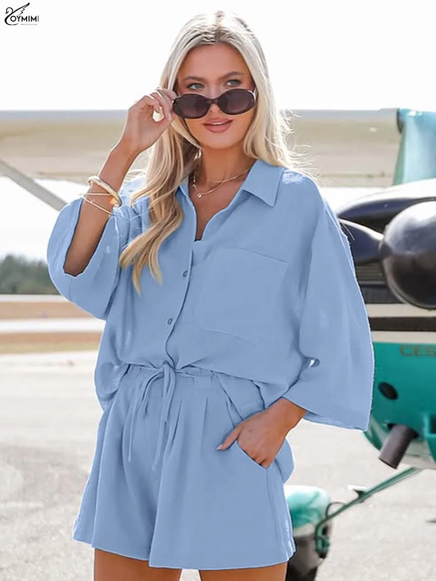 

Oymimi Casual Blue Cotton Two Piece Set Woman Fashion New Three Quarter Sleeve Button Shirts And Drawstring Pockets Shorts Sets