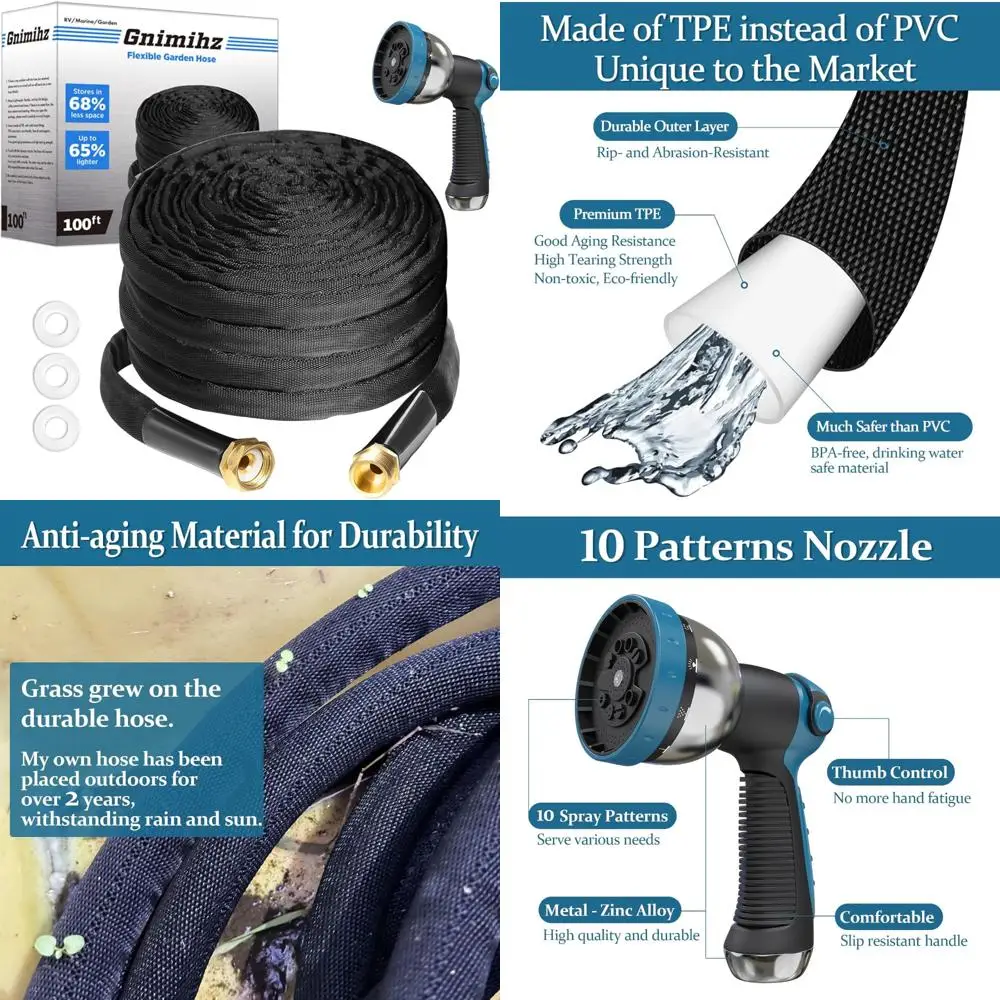 

100ft TPE Water Hose with 10 Pattern Sprayer Nozzle - Ultra-Light, Flexible, Solid Brass Connector for Garden Irrigation