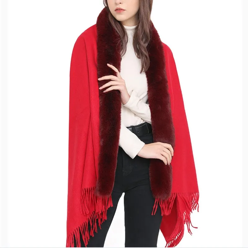 

Winter Imitation Wool Collar Cloak Scarf Dual-purpose Female Imitation Cashmere Shawl Ponchos Lady Capes Cloak Red Cardigan