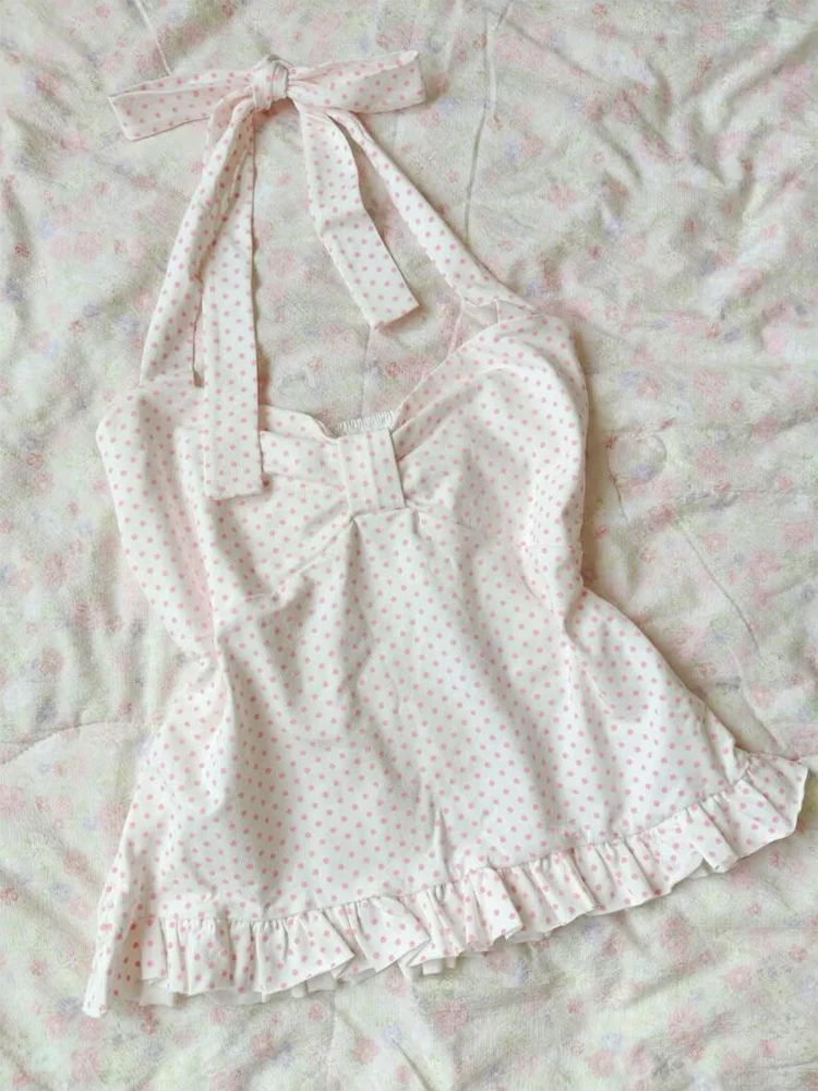 

Pink vintage polka dot tie neck vest for women's summer design, retro sweet and spicy girl, slimming camisole short top