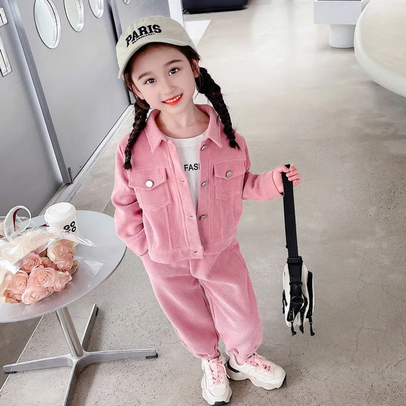 Girls Corduroy 2 Piece Sets Fashion Kids Jackets Conjuntos + Baggy Casual Jogger Pants Ensemble Korean Children Tracksuit Set