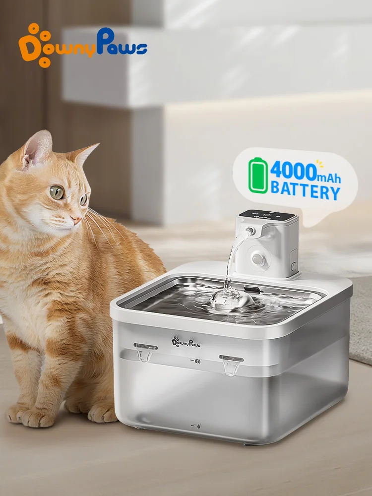 DownyPaws 2.5L Automatic Stainless Steel Cat Water Fountain 4000mAh Wireless Pet Drinker Battery & Sensor 2 in 1 Dispenser