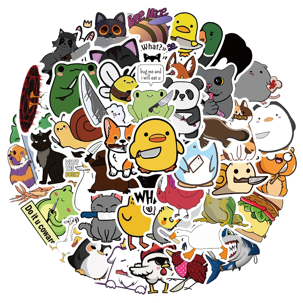 60pcs Cute Animals with a Knife Stickers Waterproof Sticker for Water Bottle Skateboard Notebook Laptop Decor Teens Kids Toys