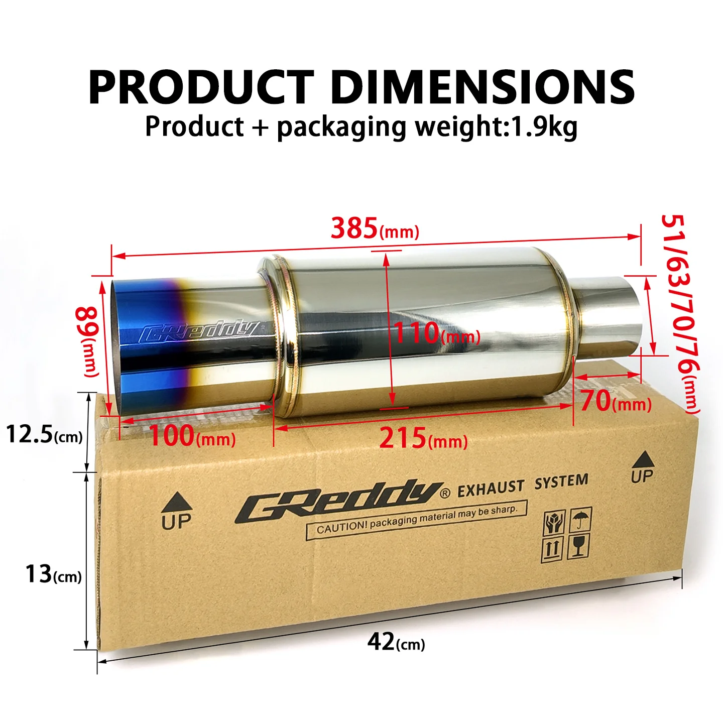 GReddy Universal Car Exhaust Muffler 89mm Blue Straight-Throught Pipe Thick Stainless Steel Tail Section Performance Upgrade