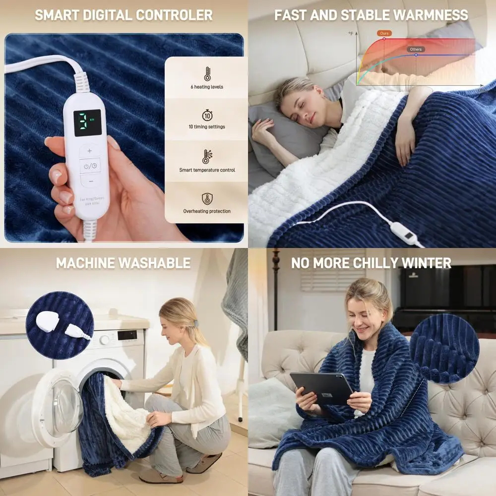

King Size 100x90 Flannel Electric Blanket with 10 Timers, 6 Heat Levels, Washable & Overheat Protection - Navy