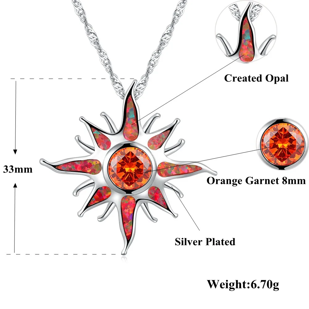 CiNily Starburst Fire Opal Stone Large Dangle Pendant Silver Plated Solar Orange Garnet Sun Charm Luxury Jewelry (With Necklace)