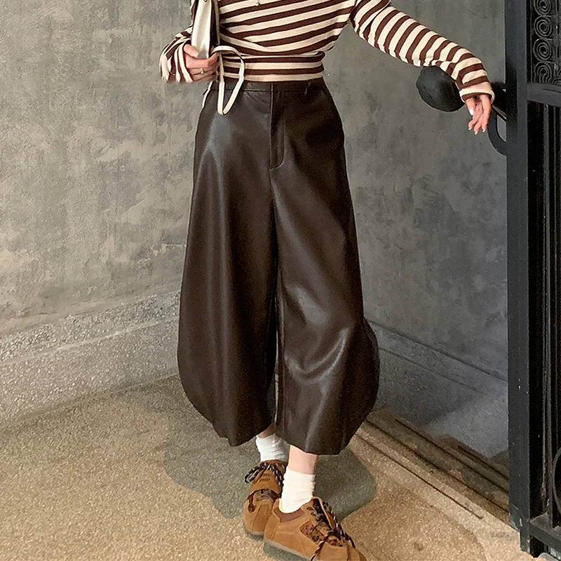 Retro Maillard Brown Leather Pants for Women High Waist Wide Leg Straight Pants Fashion Ankle-length PU Pants Trousers