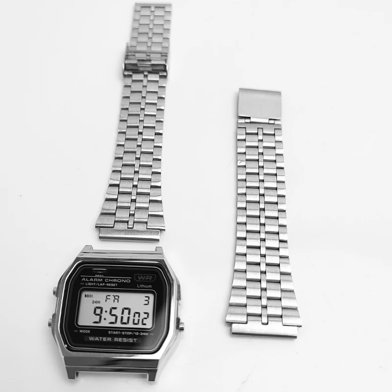 Classic Small Square Silver Block 18mm Metal Strap Fine Steel Watchband for CASIO A158 / A159 / A168 /A169 /B650 /AQ230/ 700