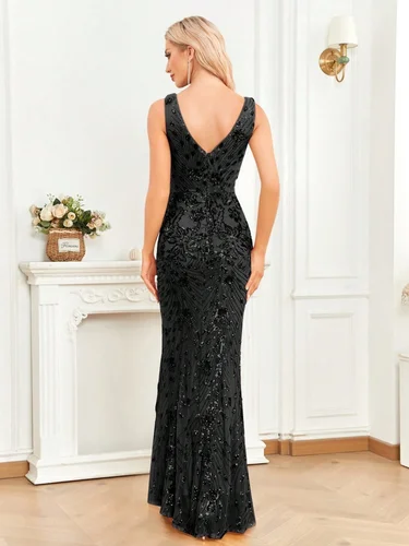 Imagen 2 del producto Vestido de noche elegante con abertura para mujer, vestido largo de sirena con lentejuelas formales, Sexy, con cuello en V, cola de caballo, vestidos de fiesta de boda y graduación 2024