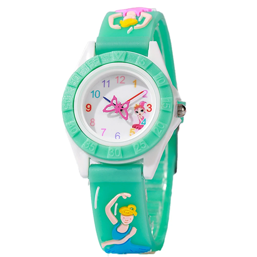 Montres pour enfants Montre à quartz pour filles avec dessin de ballet Montre à quartz pour sportifs Horloge verte en silicone Montre-bracelet pour enfants