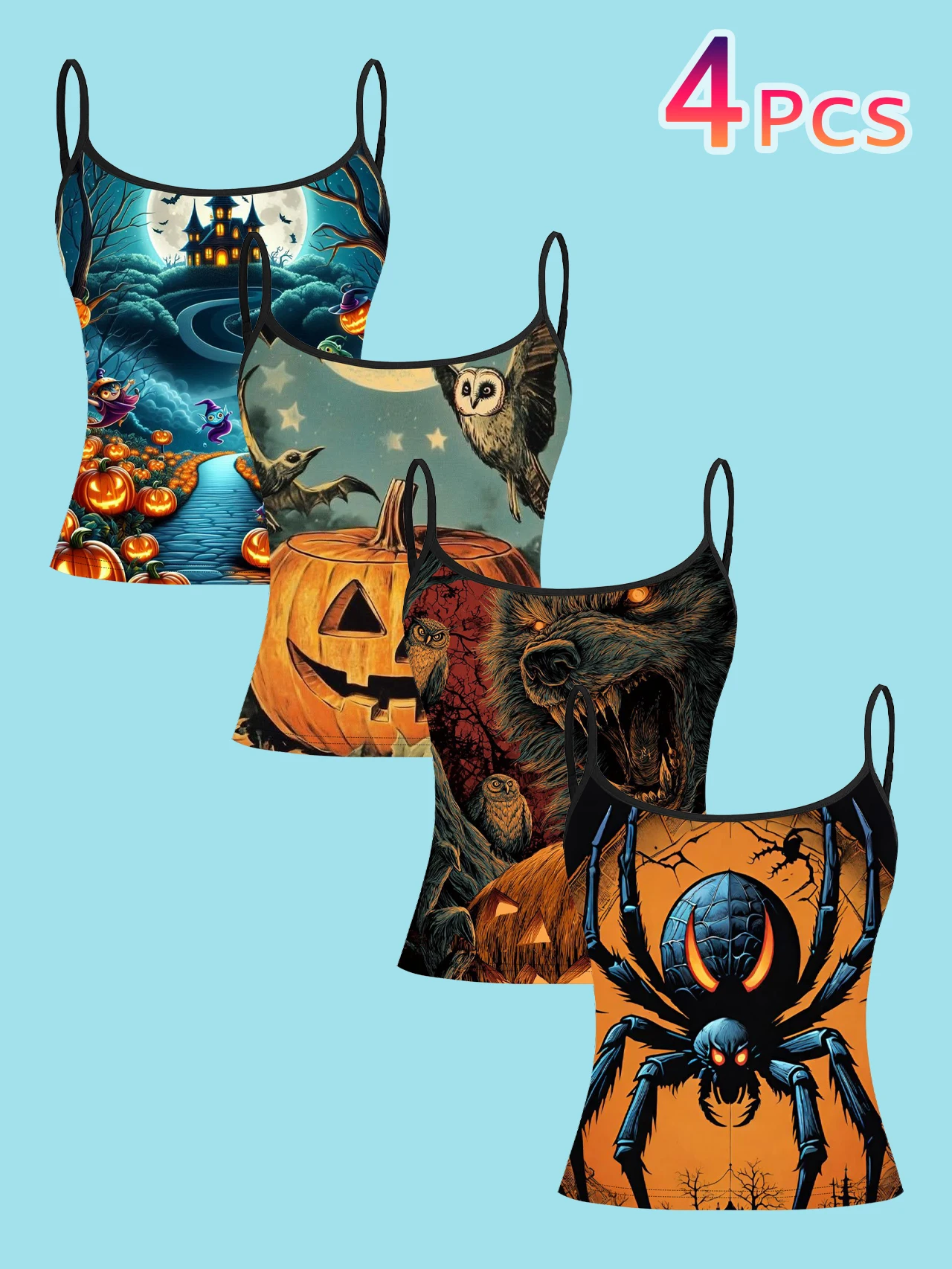 4-Piece Set of Halloween Dark Animal-Themed Women's Camisoles with Castle, Owl, Wolf, Spider, and Pumpkin Prints, Slim-Fit Spaghetti Strap Short Camisole Tops