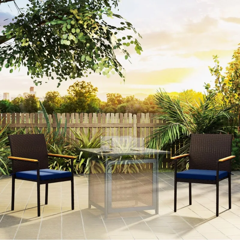 Navy blue stackable terrace rattan dining chair set 2-piece set, made of environmentally friendly PE material