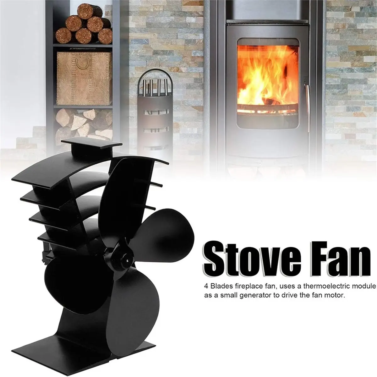 newA10R Wood Stove Fan Aluminum Withstand High Temperature Wood Stove Fan Heat Powered 4 Blades Wood Stove with A Safety Device
