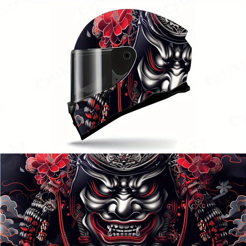 

Cool Samurai Pattern Helmet Vinyl Wraps, Waterproof Scratch-Resistant Full Face Helmet Decals, Durable PVC Artistic Design, Inst