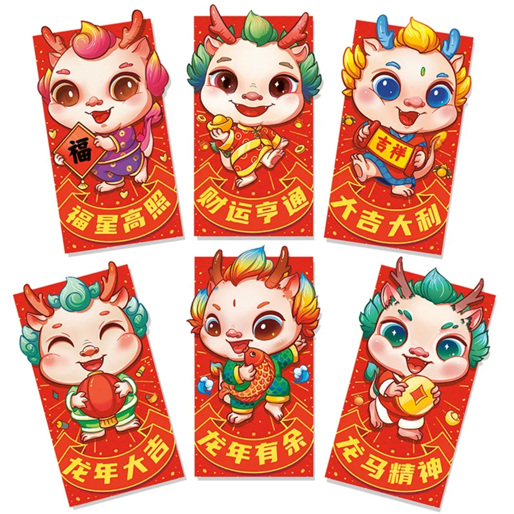 6Pcs Chinese New Year Red Envelopes Year Of Dragon Cartoon 3D Red Pocket Envelopes Luck Money Bag For Party Spring Festival