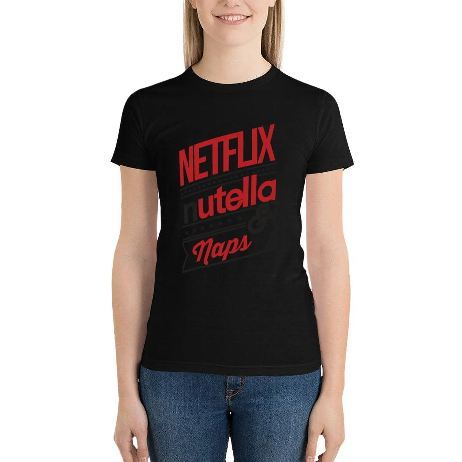 NETFLIX, NUTELLA & NAPS. T-Shirt Female clothing korean fashion t-shirts for Women loose fit