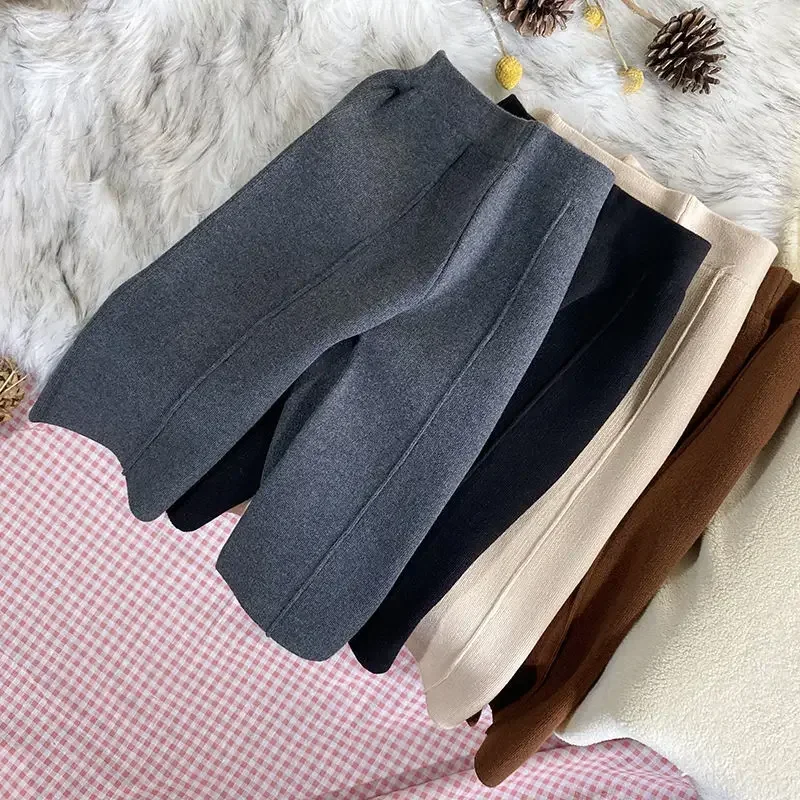 

Kids Girls Knitted Casual Pants Loose Autumn Winter Outwear Trousers Black Gray Apricot Wide Leg Pants 2024 New Korean Style