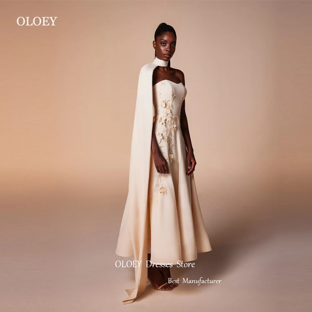 OLOEY-Vestidos de Noche elegantes de línea A Beige con chal de flores, longitud hasta el tobillo, Vestidos de graduación, vestido Formal para fiestas y ocasiones