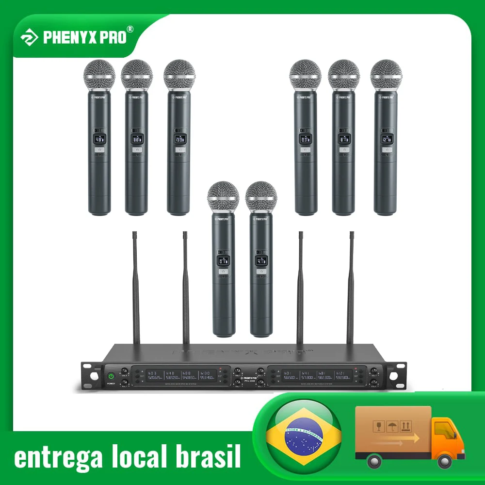 SISTEMA DE MICRÓFONO INALÁMBRICO Phenyx Pro, conjunto de ocho canales con micrófonos de mano de Metal, 8x40 canales, escaneo automático para DJ