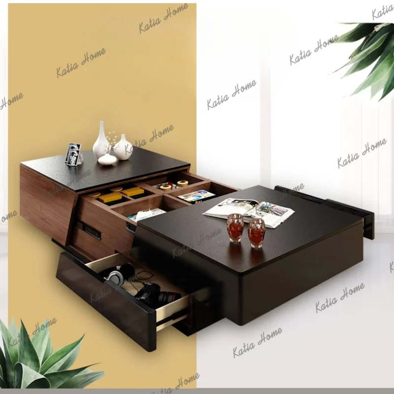 YJ Nordic Burnt Stone Coffee Table TV Stand Combo Extendable Storage Multifunctional Small Living Room Furniture Set
