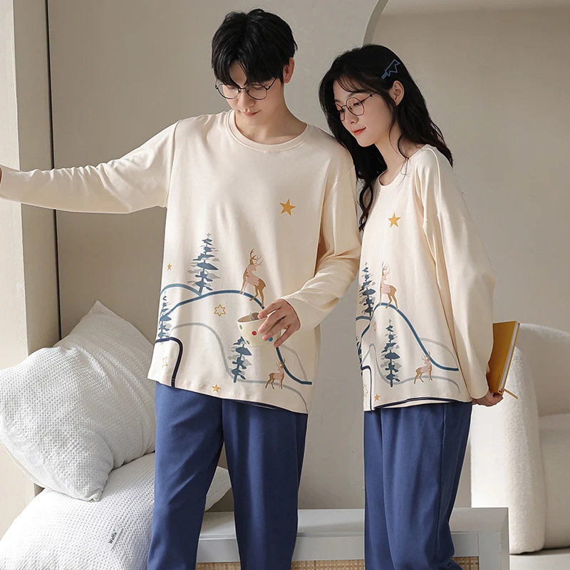 M-3XL Spring and Autumn Men's and Women's All Cotton Pajamas Long sleeved Round Neck Pullover Autumn All Cotton Pajamas