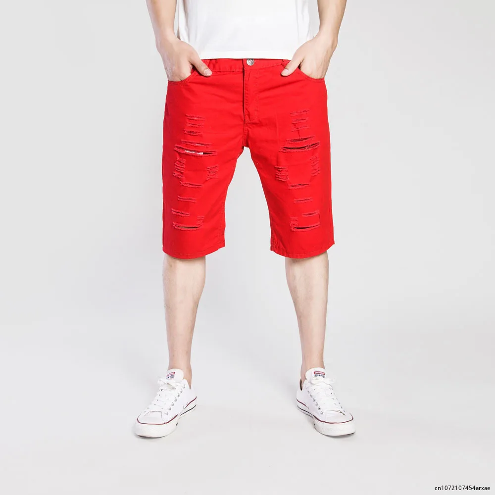 

New Men Summer Holes Casual Denim Shorts Streetwear Stylish Men Holes Slim Casual Beach Shorts