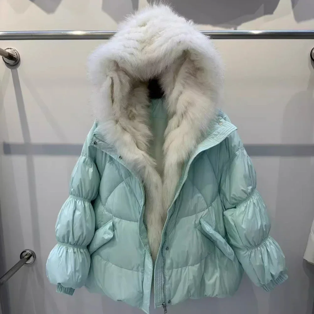 

Reality Fur Jacket Winter Belt Big Fox Fur Collar Natural Thick Jacket Women White Goose Down Coat Real Loose Puffer Parka Warm