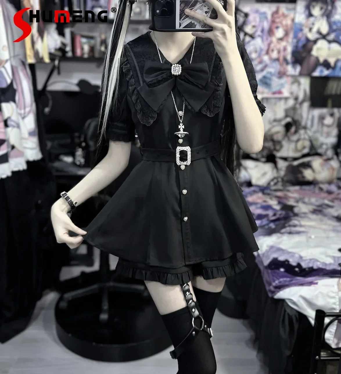 

Japanese Mine Series Mass- Produced Bow Slim Fit Short-sleeved Dress and Shorts Two-piece Spring and Summer New Lolita Outfits