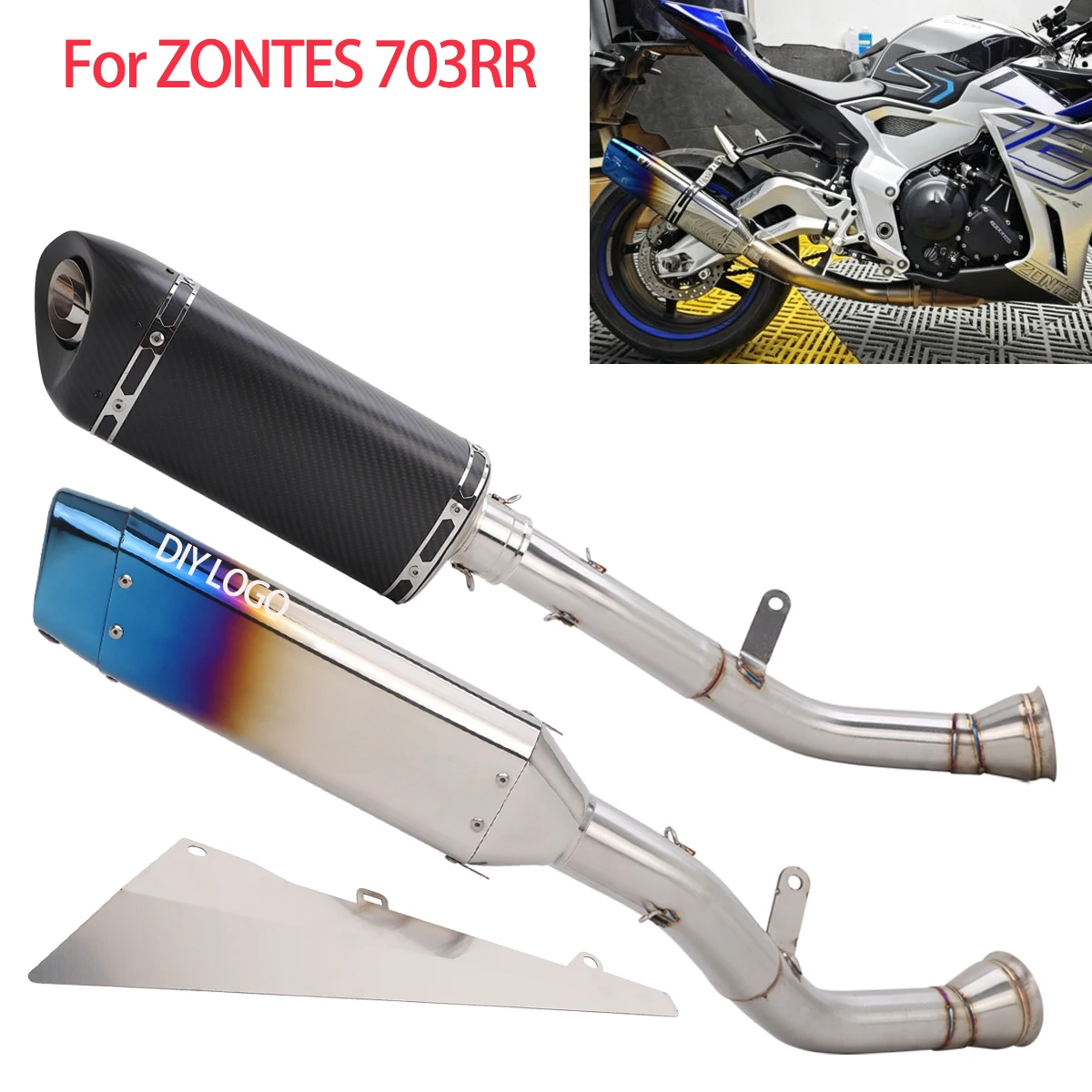 

For ZONTES 703RR 703 RR 2024 2025 Motorcycle Exhaust Mid Pipe Systems Stainless Steel Muffler Slip-On Pipe Escape with Plate