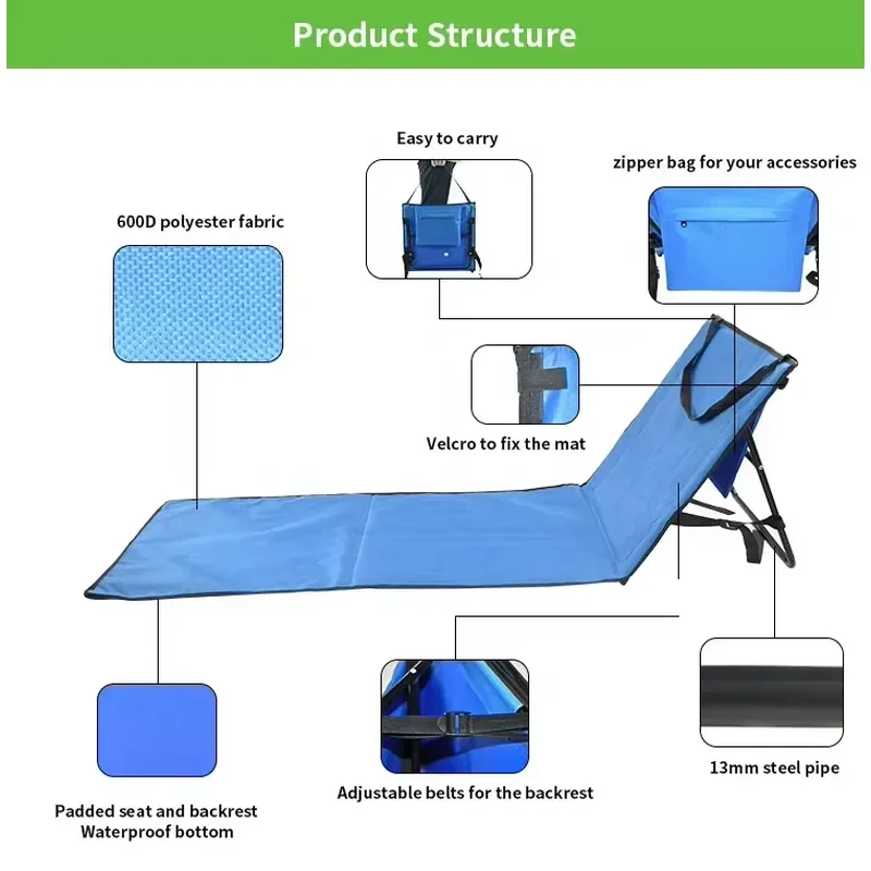 for Durable Portable Camping Mattress Multi-functional Folding Steel Chair Adjustable Beach Picnic