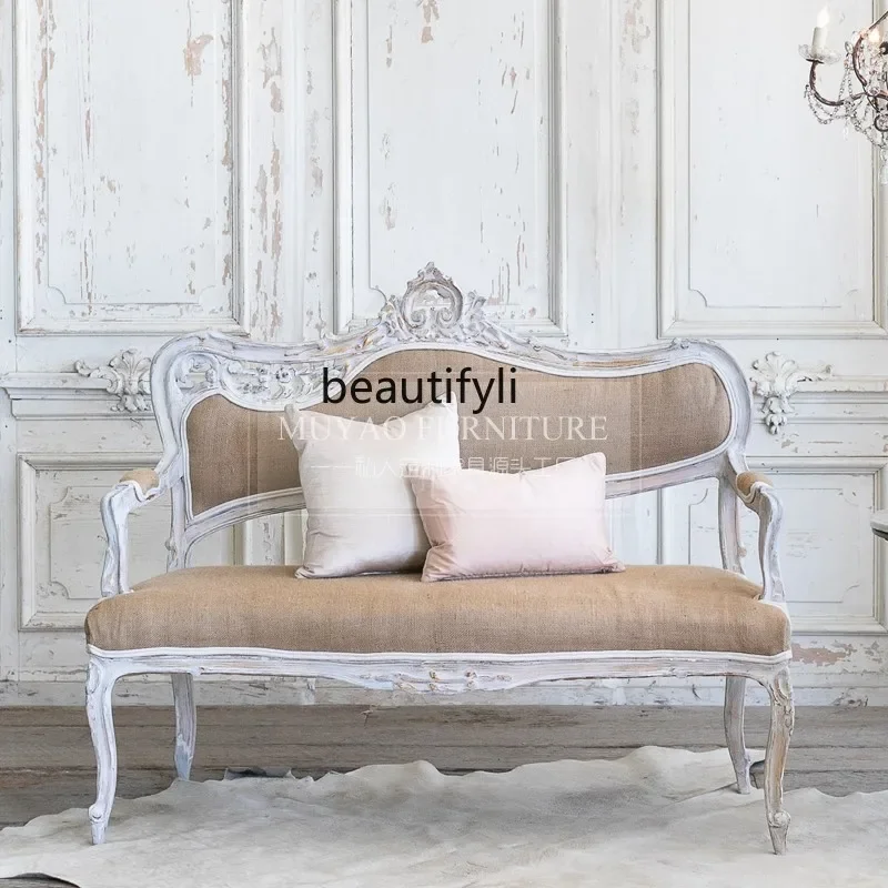 

ss1001 French retro stylized old solid wood sofa European hollow carved studio multi-person leisure soft sofa