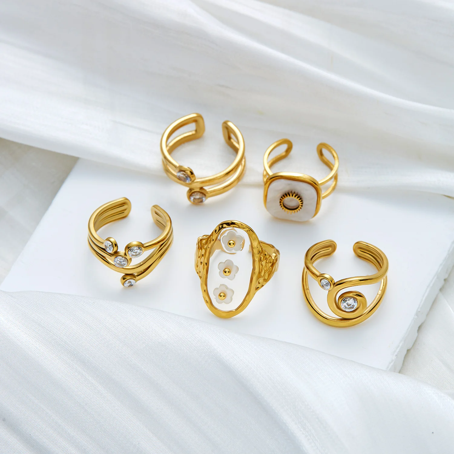Vintage Cubic Zirconia Edelstahl Offene Ringe Set für Damen, Schicker MOP Geometrischer Ring, Party-Schmuck Geschenk, Anlaufgeschützt, Wasserdicht – Detail 7
