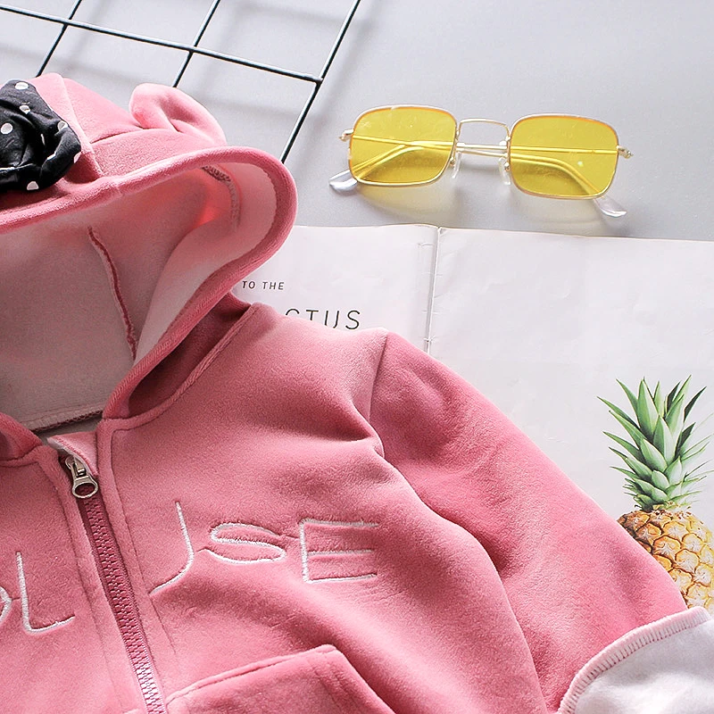 Mädchen Fleece-Bärenohren-Hoodie mit Schleife + Samthose 2-teiliges Set Kinder Warme Winterkleidung – Detail 5