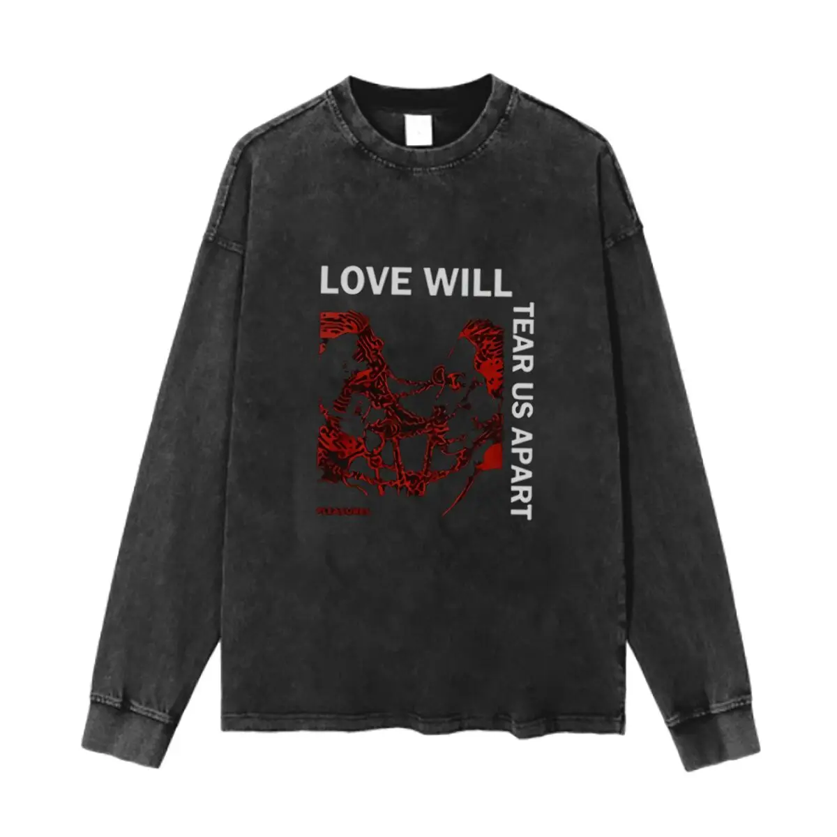 Love Will Tear Us Apart Graphic Washed Vintage Long Sleeves Cotton Tee Shirt Solid O Collared For Men's And Women's