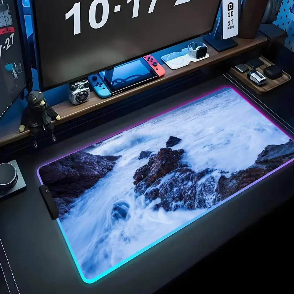 

Peak and sea wave scenery Mouse Pad RGB Gaming Mousepad Big LED Pad PC Desk Mat Luminous Mouse Pad Large Keyboard Mats Table Rug