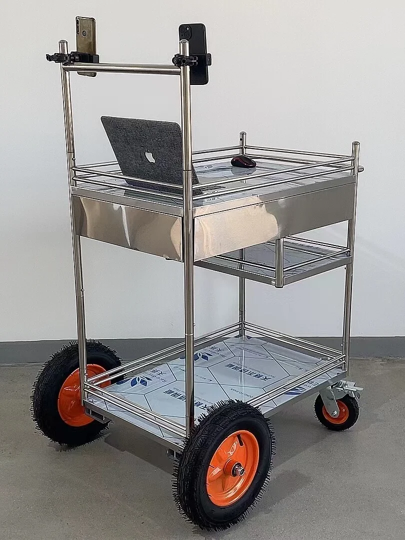 Stainless steel outdoor live cart with large and small wheels Dismantle stall cart, promotion, shelf and portable display stand.