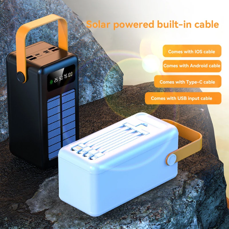 100000mAh Solar Panel Power Bank Fast charging Comes with Four Wire External Battery Pack with Flashlight For Outdoors