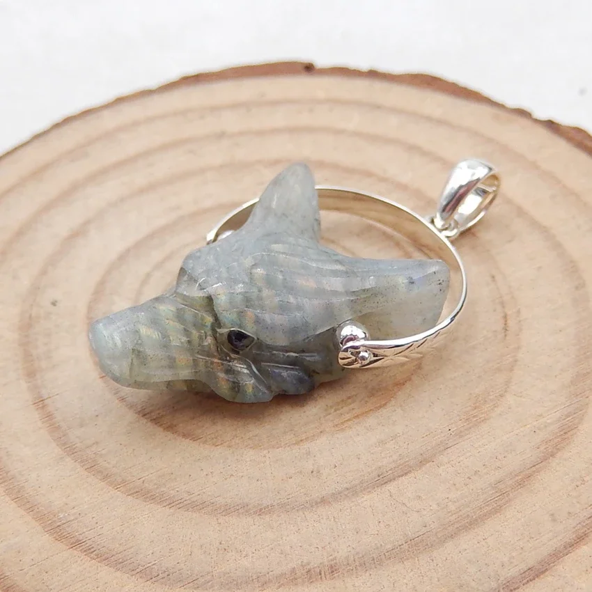 Wholesale 1pcs Fashion natural stone Labradorite Carved Wolf Head Sterling silver Pendant for jewelry making 22x16x8mm,3.9g