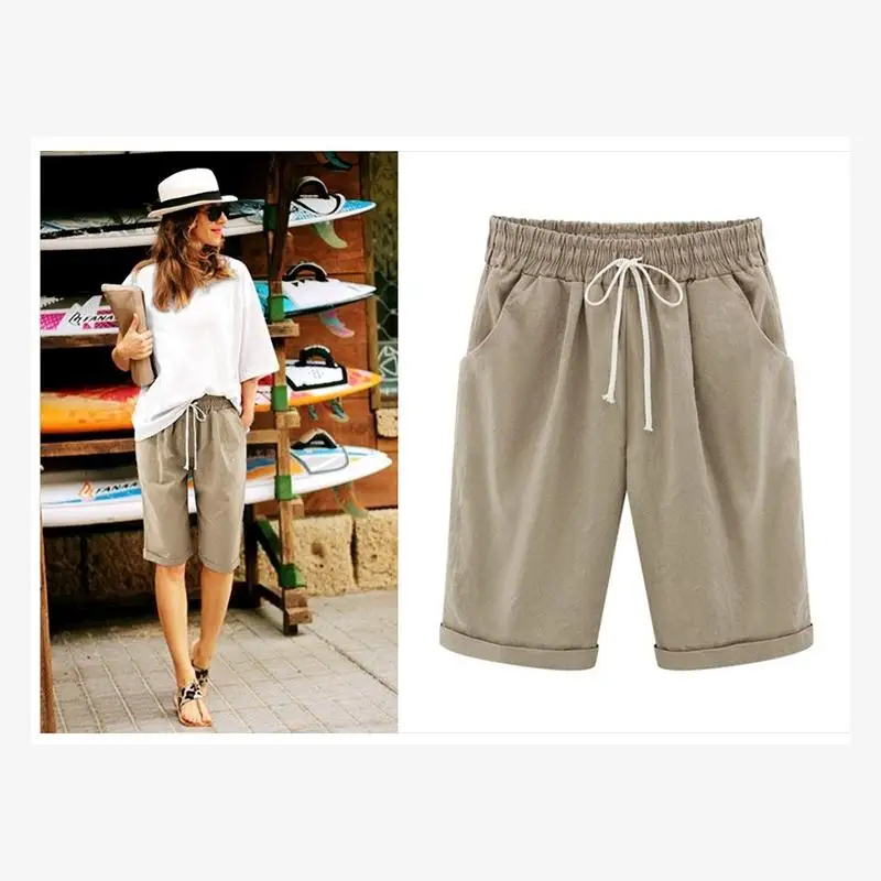 سراويل صيفية رفيعة متوسطة الطول مقاس كبير غير رسمية للنساء قابلة للتنفس وخفيفة الوزن بخمسة أرباع للسيدات