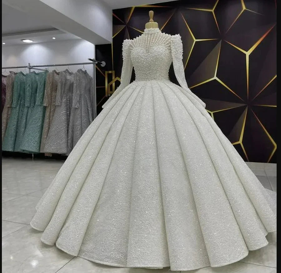 

Customized High Collar Sparkly Pearls Beads Ballgown Wedding Dress for Bride Robe De Mariée Full Sleeve Luxury Bridal Gown 2025