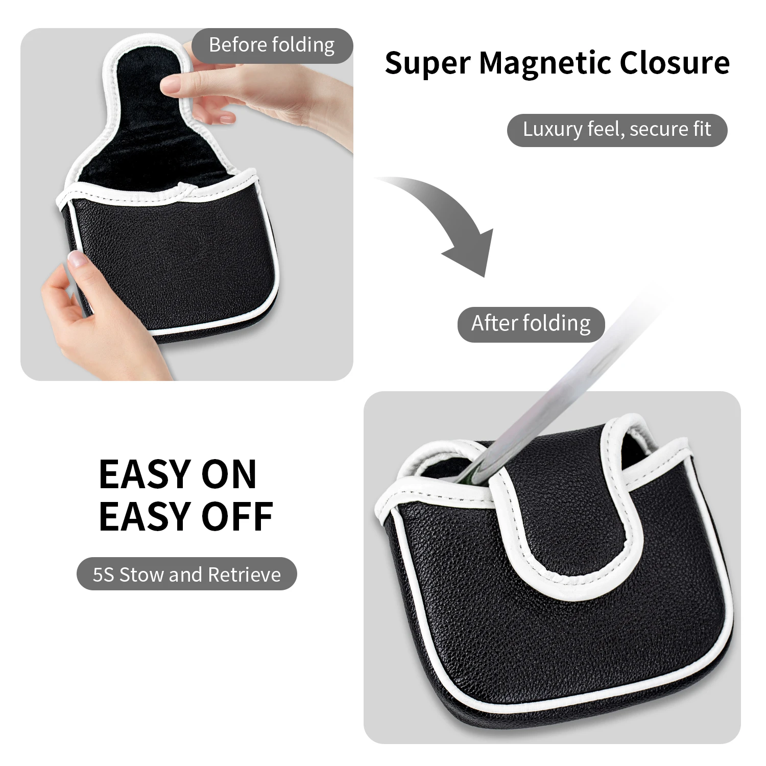 1pc Blank Black Mallet Putter Head Cover Magnetic Closure White Trim Single‑Ear Square Golf Putter Protector image 4