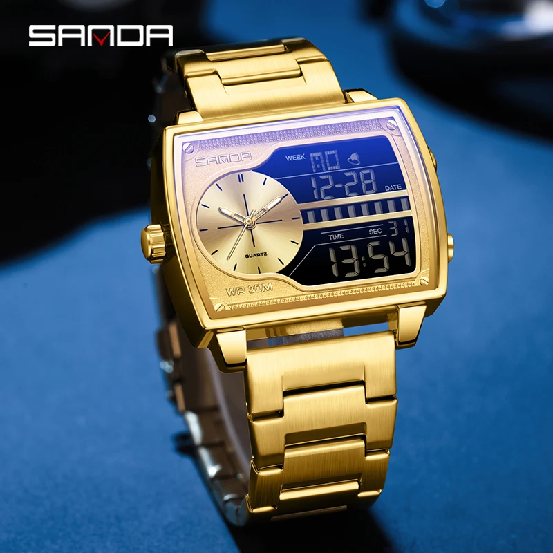 SANDA Top Brand Men's Quartz Watch Fashion Square Watches Countdown Sports 3Bar Waterproof Dual Display LED Men's Digital Watch