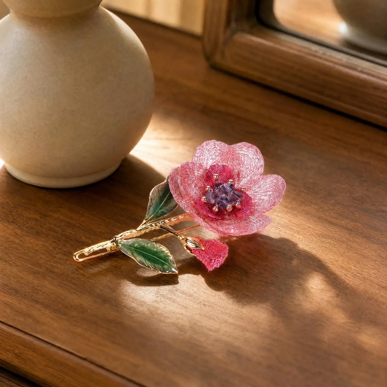 Cute Red Camellia Hair Clip for Women Girls Alloy Floral Barrette with Beaded Center for Party and Office Hairstyles
