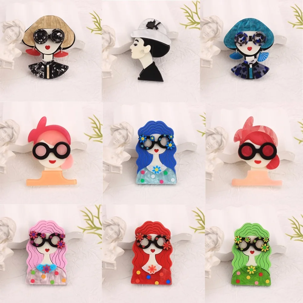 Acrylic Fashion Lady Brooches with Glasses Hats Colorful Lively Style for Clothing Accessory Decoration
