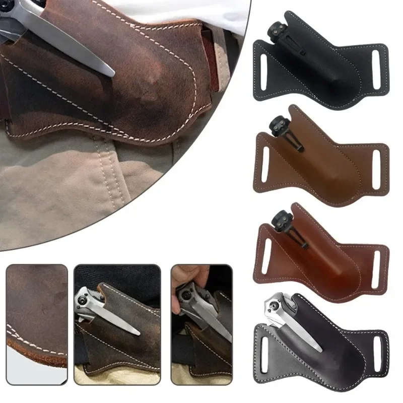 1pcs Genuine Leather Anti-scratch Storage Sheath Folding Flick Knife Waist Belt Clip Holder Pocket Knives Pack Tools for Camping