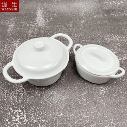 Dollhouse Mini Size White Ceramics Handle Pot With Lid Sauce Chili Mustard Dish Ice Cream Bowl With Cover Jewelry Storage Box