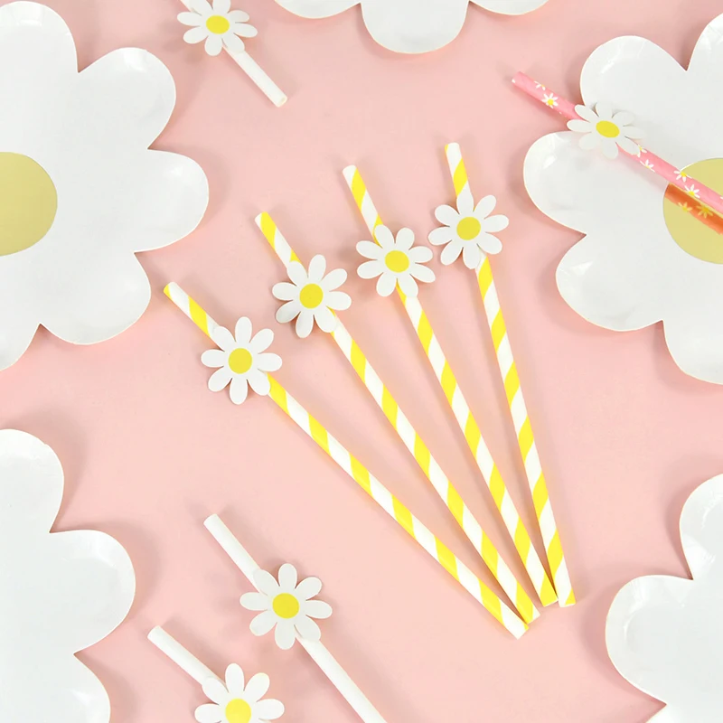 1/10/20Pcs Daisy Flower Paper Straw Disposable Tableware Drinking Straws Daisy Birthday Party Decorations Wedding Party Supplies