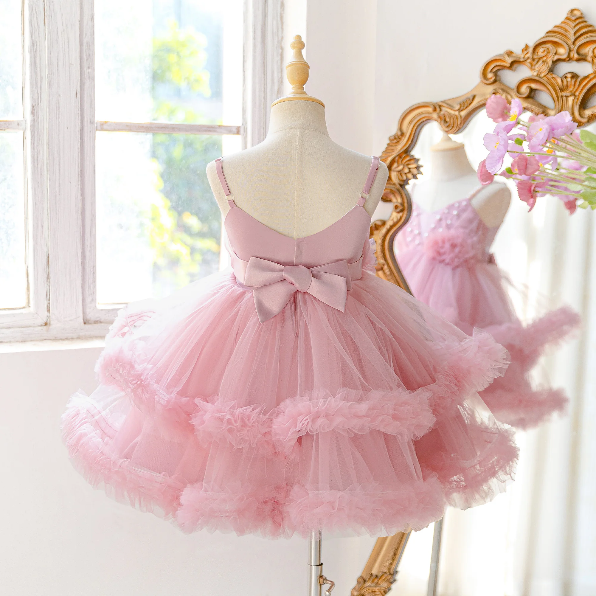 Elegantes Blumen-Partykleid für Mädchen, formelles Tüllkleid für Geburtstag, Hochzeit, Prinzessinnen-Ballkleid, Mädchenkleid mit Schleife, Brautjungfernkleid, Klavier-Abendkostüm – Detail 4
