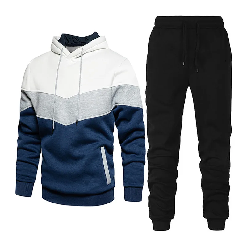 Men's sports suit trendy casual autumn and winter splicing hooded sweatshirt sports pants two-piece set