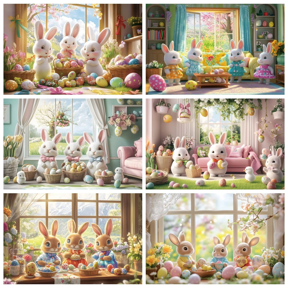 

Easter Bunny Party Decoration Backdrop Spring Easter Egg Rabbit Window Flower Indoor Photography Background Photo Studio Props
